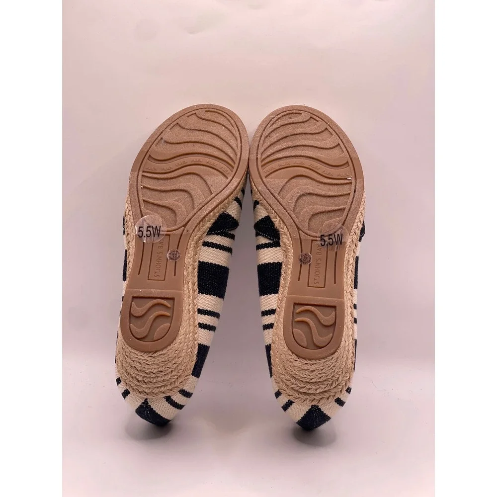 St Johns Bay Botanic Navy Stripe Espadrille Wedge Shoes 5.5W Wide Memory Foam